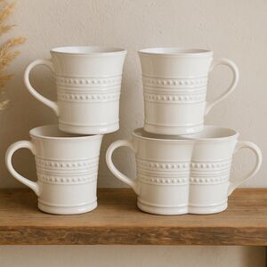 American Atelier White Beaded Stoneware Mugs Set of 4 – Farmhouse Coffee Cups